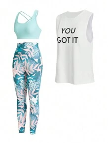 SHEIN Sovereign Charm Women Letter Graphic Workout Tank Top & Tropical Print Leggings & Bra Setwomen Workout Set Women Leggings Set