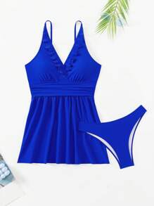 SHEIN Swim Women's Summer Beach Solid Color V-Neck Vest And Triangle Tankini Vacation Swimwear Set - Royal Blue - View 4