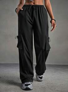 SHEIN Sports Women's Solid Color Sports Outdoor Street-Style Jogger Pants With Drawstring Waist And Cuffs - Black - View 11