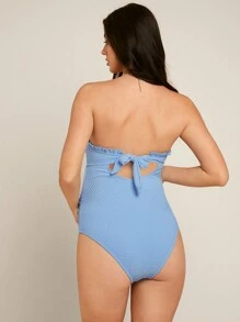 SHEIN Đồ bơi một mảnh ống nhún có dây rút cho bà bầu mùa hè - Màu xanh lam - Xem 2