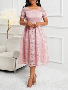 SHEIN Lady Vestido blanco de manga corta con panel de encaje y diseño de paraguas para mujer, con escote cuadrado y borde de dobladillo, ideal para verano - Rosa vieja - Ver 5