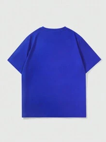 ROMWE MEN Street Life Men's Cyber Style Printed Short Sleeve T-Shirt, Suitable For Daily Wear In Spring And Summer, School - Royal Blue - View 2