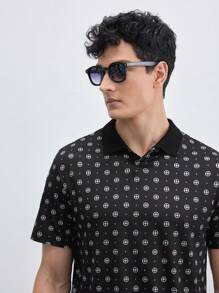 AKNOTIC Business Casual Men's Knitted Pattern Printed Slim Fit Short Sleeve Polo Shirt, Suitable For Summer