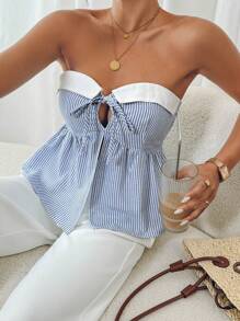 SHEIN Frenchy 女士夏季条纹印花无袖上衣，女士撞色条纹印花上衣，束身胸衣，返校季，教师款，美式上衣，复古风格，教师上衣，70年代复古风，Y2K风格上衣，100%纯棉休闲蓝色上衣 - 藍色 - 查看 6