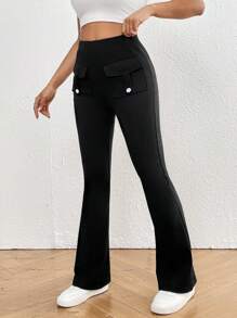 SHEIN Essnce Leggings para mujer con piernas acampanadas con bolsillos y espalda en forma de V, que absorben la humedad y se secan rápidamente