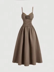 SHEIN MOD Dames buste verzamelde jurk, driedimensionale bloem versierde kaki jurk, bruine jurk, bubbeljurk, elegante jurk, vintage jurk, zwierige jurk, formele jurken bruiloft, elegante avondjurk, elegante avondjurk