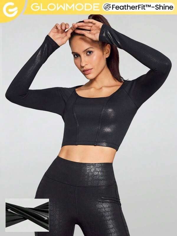 GLOWMODE Foiled Leather Effect Scoop Neck Long Sleeve Crop Active Top