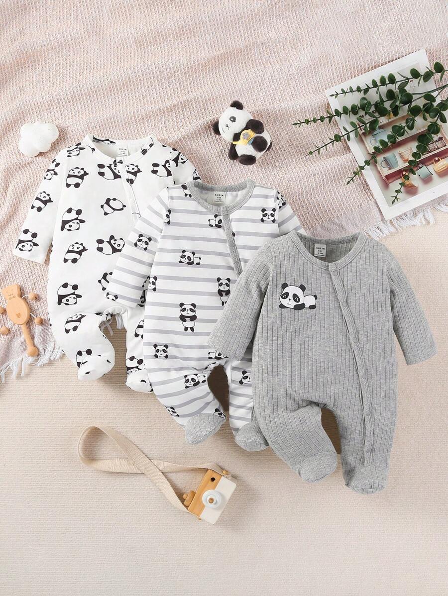 SHEIN 3pcs/Set Toddler Boys' Casual Cute Panda Striped Print Long Sleeve Romper Pajama Set - Multicolor - View 1