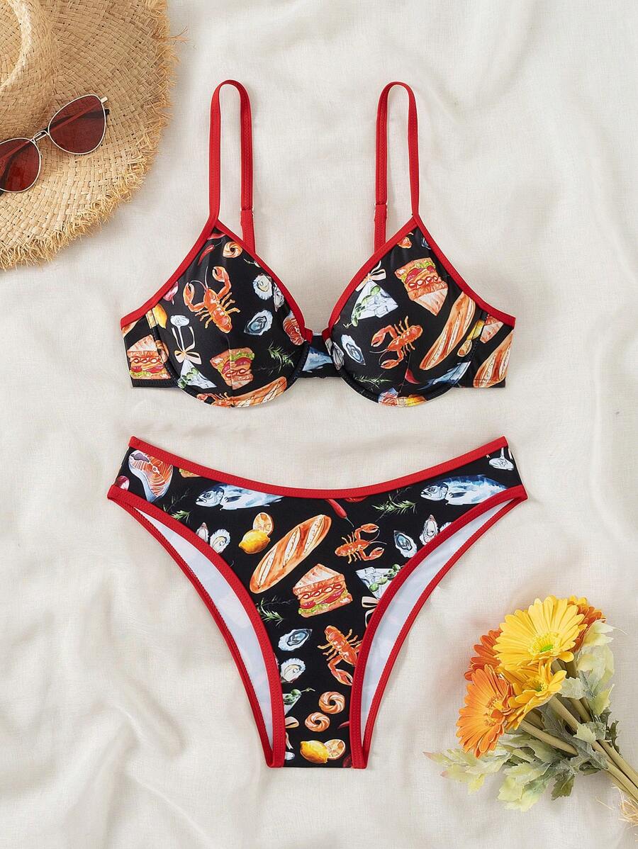 SHEIN Swim Summer Beach Food Print Contrast Binding Push Up Bikini - Red - View 1