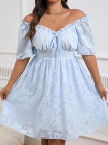 SHEIN Clasi 夏季款實心提花雪紡露肩荷葉邊打結前開衩連衣裙 - 藍色 - 查看 4