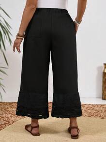 EMERY ROSE Plus Contrast Guipure Lace Tie Front Wide Leg Pants - Black - View 2