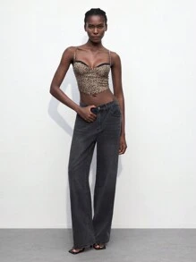 Maija 女士时尚豹纹拼布短款吊带背心，夏季 - 棕色 - 查看 3