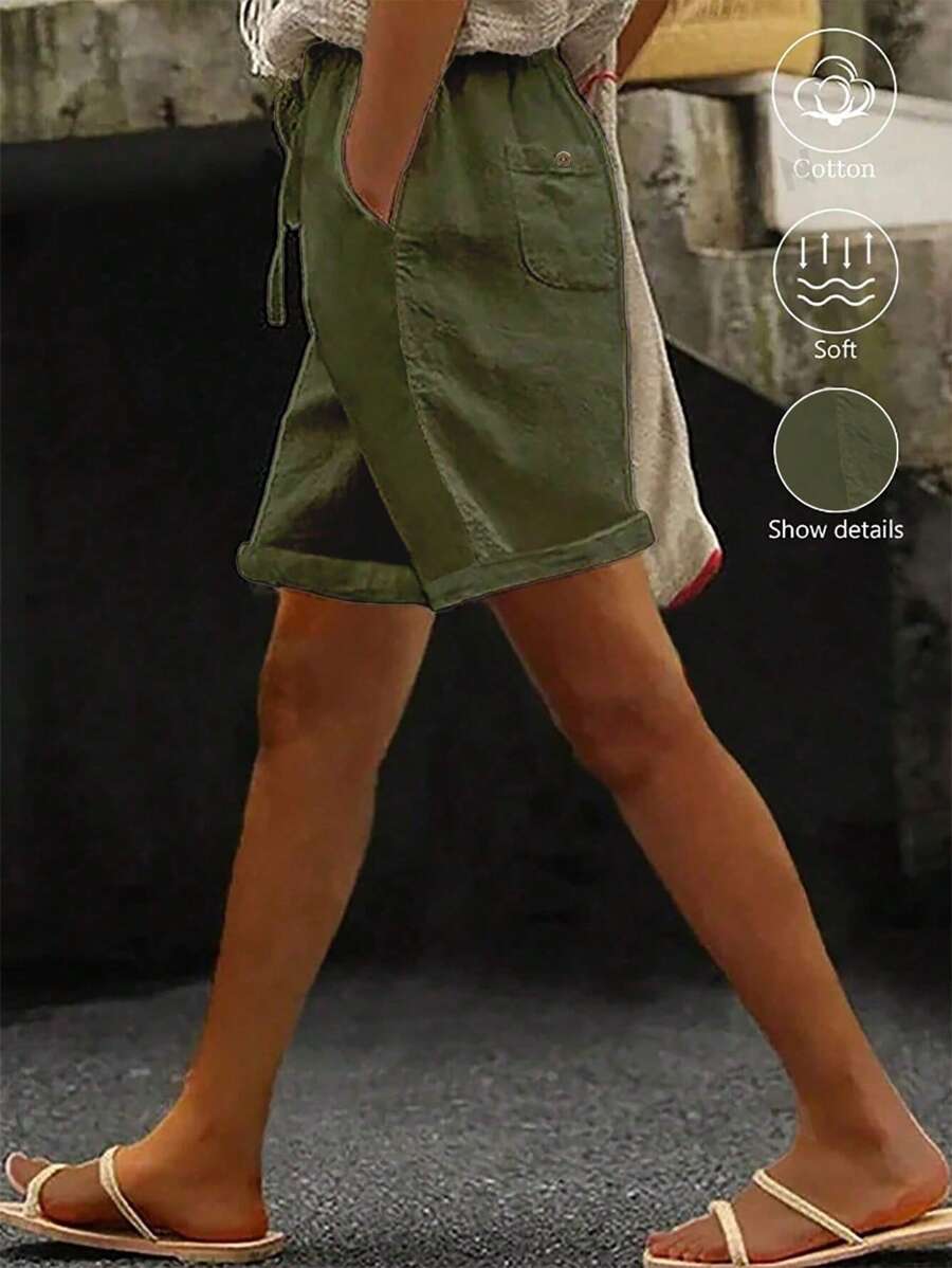 EMERY ROSE Shorts con dobladillo enrollado y cordón en la cintura - Verde militar - Ver 1