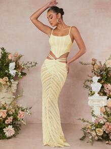 L'Amorae 蕾絲短上衣和人魚翻邊裙套裝 - 黃色 - 查看 4