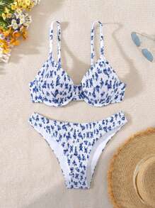 Swim Mod Bộ Bikini Hoa Vintage Dễ Thương & Lãng Mạn - Xanh và trắng - Xem 1