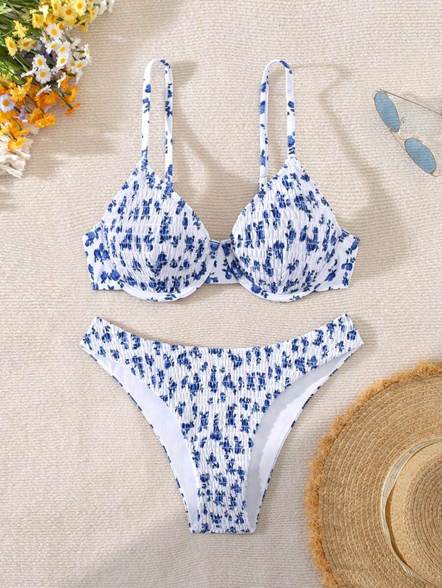 Swim Mod Bộ Bikini Hoa Vintage Dễ Thương & Lãng Mạn - Xanh và trắng - Xem 1