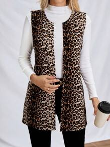 SHEIN Essnce Women Fall  Leopard Print Open Front Vest Coat Print Sleeveless Waistcoat Jacket, Ideal For Work - Multicolor - View 6