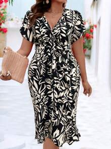 EMERY ROSE Plus Allover Print Puff Sleeve Ruffle Hem Dress For Summer Vacation Maxi Women Outfit - Multicolor - View 1