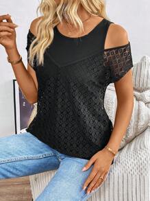 SHEIN LUNE Maglietta Nera Trasparente Falsa Due Senza Spalline In Pizzo Estivo Da Donna - nero - Visualizzare 3