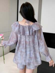 DAZY Ensemble de blouse et short en mousseline de soie pour femmes avec épaules dénudées et imprimé floral - Prune - Voir 5