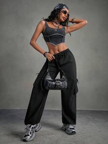 SHEIN Sports Women's Solid Color Sports Outdoor Street-Style Jogger Pants With Drawstring Waist And Cuffs - Black - View 6