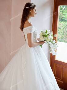 Robe de mariée Empire à l'épaule dénudée avec appliqués perlés élégants (jupon non inclus), robe de mariée pour la mariée