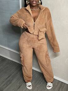 Slaydiva 秋冬款休閒家居襯衫立領拉鍊中心口袋寬鬆落肩短款上衣配直筒褲立體工作口袋雙面保暖棕色毛絨女士套裝-A - 棕色 - 查看 1