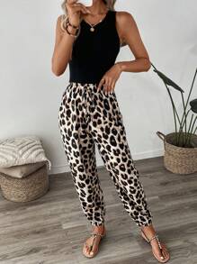 SHEIN LUNE Women's Vintage Leopard Print Elastic Waistband Pants With Ruffled Cuffs For Summer Casual, Holiday