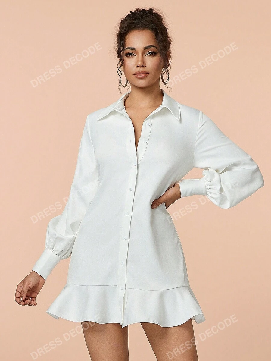 Vestido de camisa de San Valentín con botones frontales y dobladillo con ribete de volantes