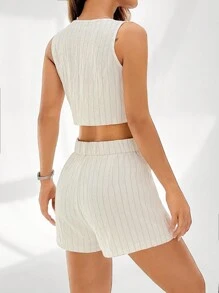 Muchica 夏季休閒條紋雙排扣短背心和短褲套裝 - 彩色 - 查看 2