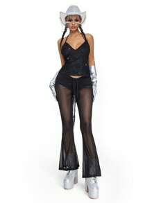 ROMWE Fairycore Summer Fashion Mesh Sequin Embroidered Floral Vine Halter Top