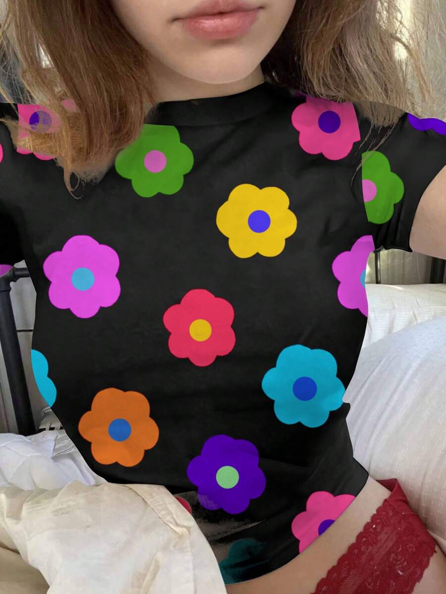 SHEIN EZwear Flower Pattern Tight Crop Top, Suitable For Summer - Multicolor - View 1