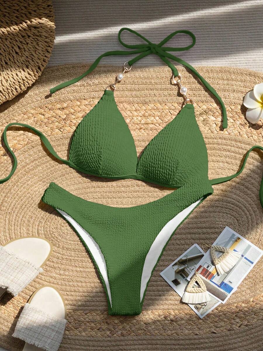 SHEIN Bộ Bikini Đi Biển Mùa Hè Màu Trơn Nữ Dây Buộc Cổ Bộ Bikini Gợi Cảm - màu xanh lá - Xem 1
