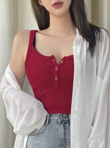 DAZY Solid Button Front Tank Top For Summer - Burgundy - View 3