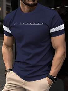 Manfinity Homme Áo thun nam ngắn tay thường ngày mùa hè có in chữ - Màu xanh hải quân - Xem 1