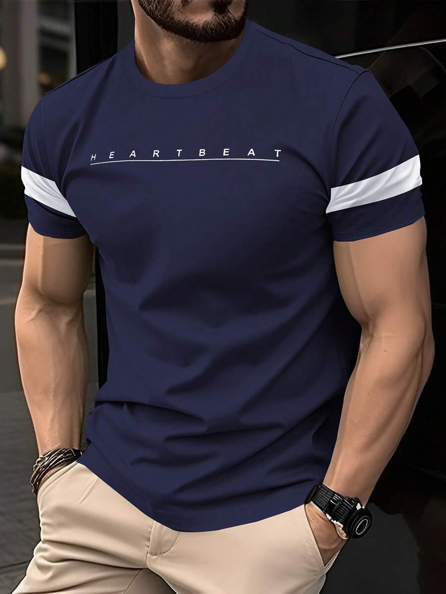 Manfinity Homme Áo thun nam ngắn tay thường ngày mùa hè có in chữ - Màu xanh hải quân - Xem 1