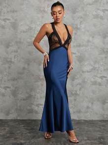 Hauture Vestido de satén con encaje transparente y cuello en V profundo - Multicolor - Ver 4