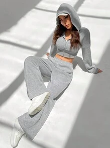 SHEIN EZwear Women's Spring Fashionable Pink Zip Front Hooded Sweatshirt And Pants Two Pieces Set - Grey - View 3