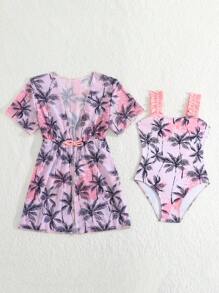 1 套年轻女孩热带椰子树印花连体泳衣 + 罩衫 - 彩色 - 查看 4