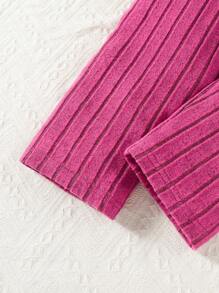 Tween Girl Solid Color Ribbed Sweater Top And Pants Set, Matched With Coat, Casual, Elegant And Warm 3pcs Outfit - Hot Pink - View 5