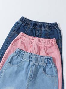 SHEIN Conjunto informal de 3 piezas de ajuste holgado para niña joven, con pantalones vaqueros de pierna ancha de cintura elástica cómodos y casuales - Multicolor - Ver 5