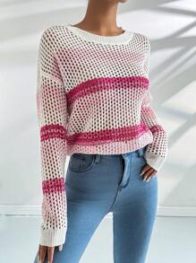 SHEIN LUNE Spring/Summer Casual Hollow Knitted Gradient Striped Sweater  Fall Winter Outfit