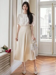 DAZY High Waist Solid Skirt For Summer - Beige - View 3