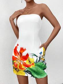 PARTHEA Backless Floral Print Bodycon Tube Dress - White - View 4
