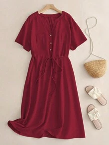 SHEIN LUNE Vestido de talla grande con doble bolsillo y cintura con cordón - Burdeos - Ver 1