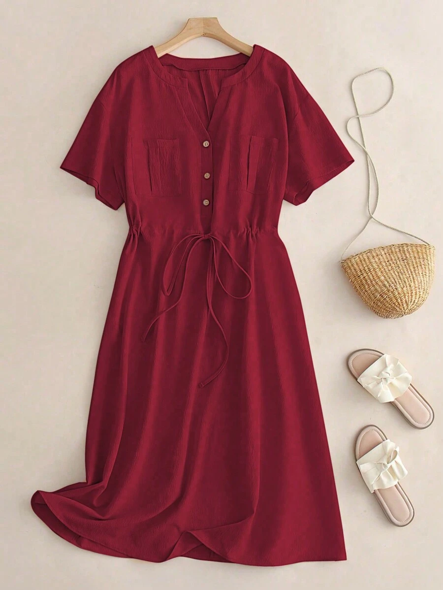 SHEIN LUNE Vestido de talla grande con doble bolsillo y cintura con cordón - Burdeos - Ver 1