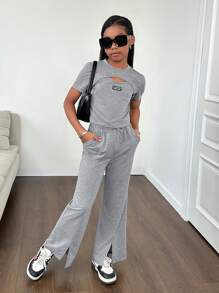 SHEIN 2pcs Spring/Summer Knitwear Set For Tween Girls, Including A Solid Round Neck Short Sleeve Top With Patches And Straight-Leg Pants