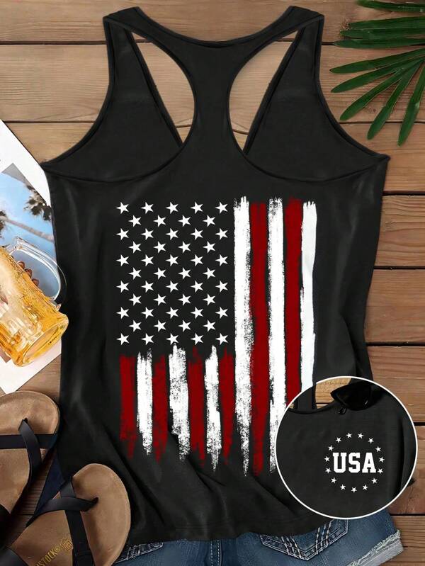 Attitoon Plus Size Flag Pattern Print Casual Minimalist Sleeveless Tank Top, Suitable For Summer