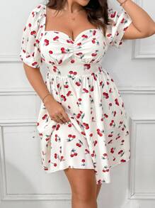 SHEIN SunnyBelle Vestido de mangas abullonadas y cuello de corazón con estampado de cerezas para verano en tallas grandes - Albaricoque - Ver 5