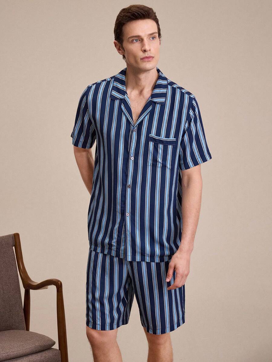 EverLounge Men Striped Print Shirt & Shorts PJ Set / Pajama Set - Blue - View 1